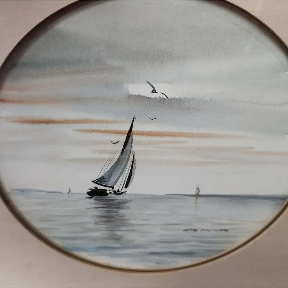 ORIGINAL Watercolor Sailboat Painting Virginia Beach signed by Fred Gibson 1982